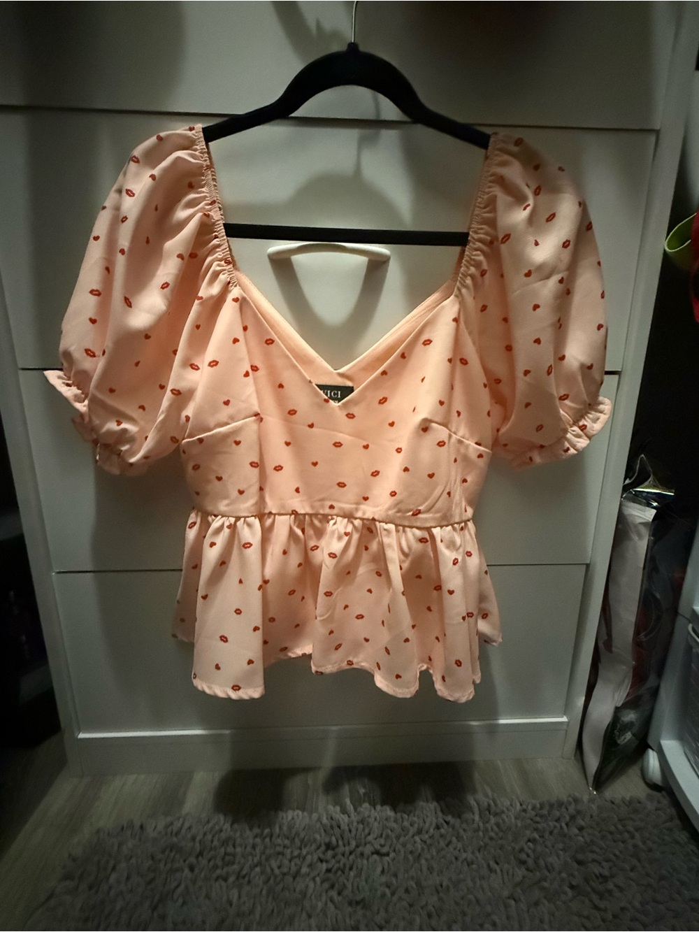Vici Blush Peplum V-Neck Puff Sleeve Top with Red Heart Print
